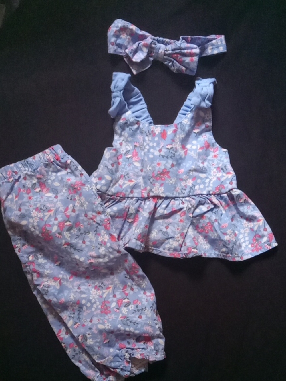 wonder nation Light Blue Floral Ruffle Overalls Set with Headband